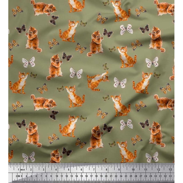 Soimoi Green Silk Fabric Insect & Cat Animal Printed Fabric 1 Yard 42 Inch Wide