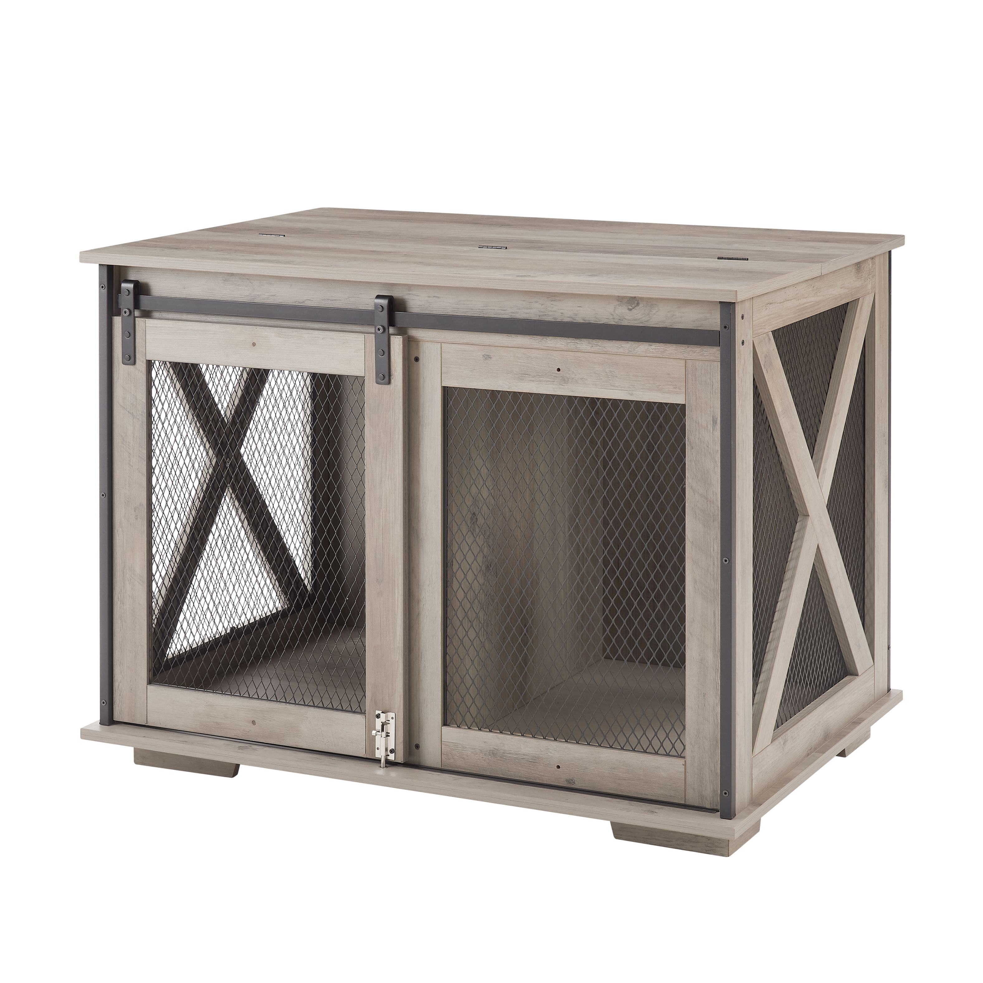 CKEASEAN Farmhouse Style Dog Cage Crate Furniture with Sliding Barn Door, Wooden Dog Kennel End Table with Flip-top Plate and Detachable Divider for Small/Medium/Large Dogs
