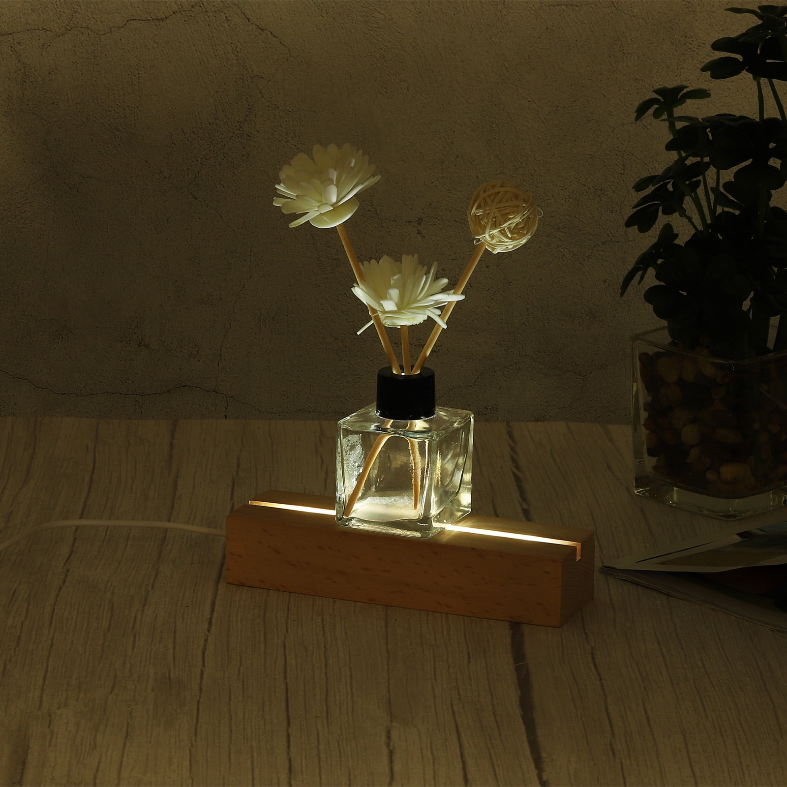 Unique Bargains LED Wooden Ball Stand Holder Base White Light USB Switch 5.91"x1.77"x1.18"