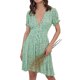 thumbnail image 1 of Vestido corto estampado con volantes florales, manga abombada, espalda fruncida, cuello en V profundo, línea A, vestido corto para mujer, 1 of 6