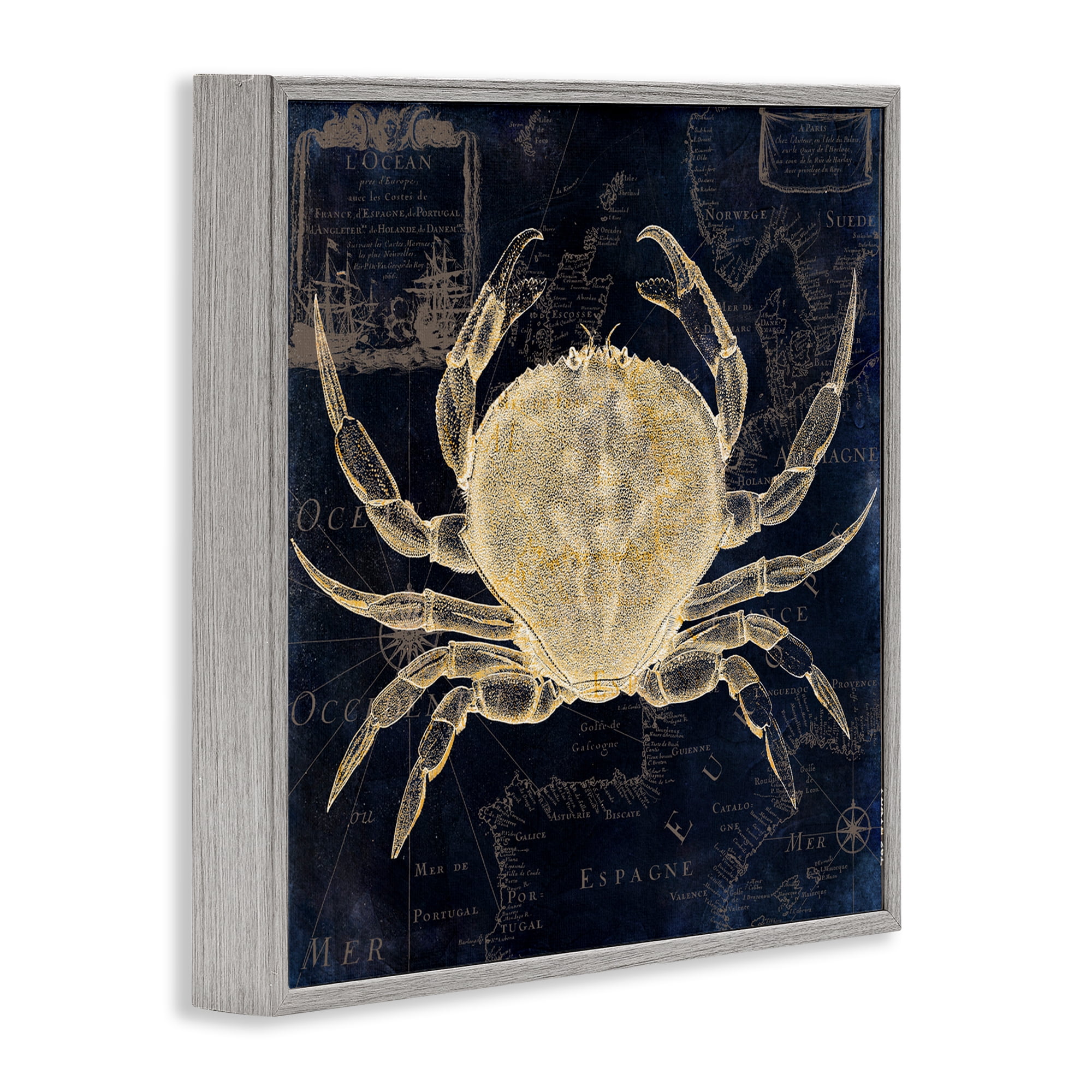 Crab Contour over Map Gray Framed Giclee Art, design by Sasha