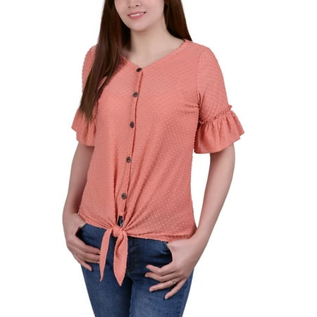 Petite Swiss Dot Short Sleeve Tie Front Top