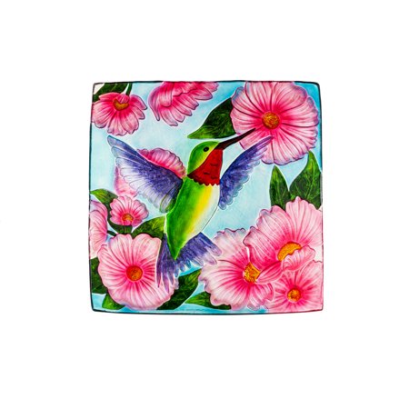16.5" Hand Painted and Embossed Square Bird Bath, Hummingbird with Flowers