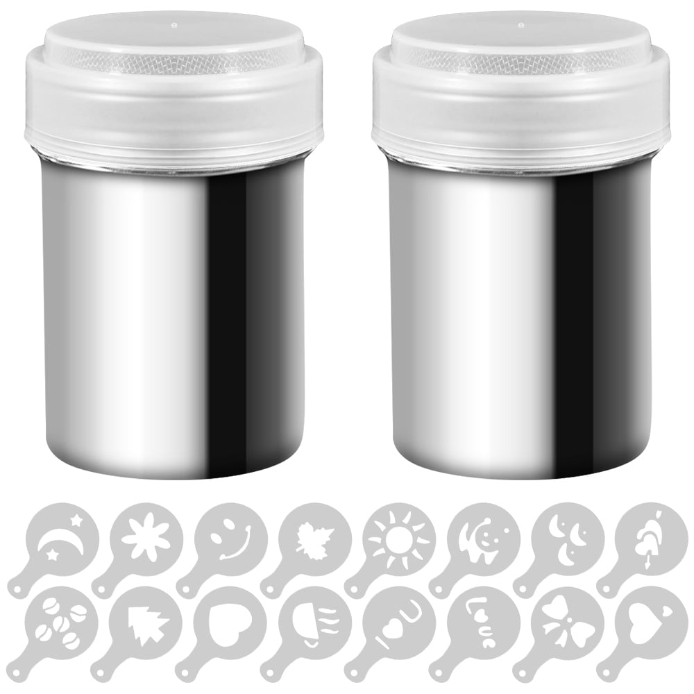 SENHAI 2 Set Sugar Dispenser Powder Shakers,  Stainless Steel Mesh Shaker Powder Cans for Coffee Cocoa Cinnamon Powder with Lid, with 16 pcs Printing Molds Stencils