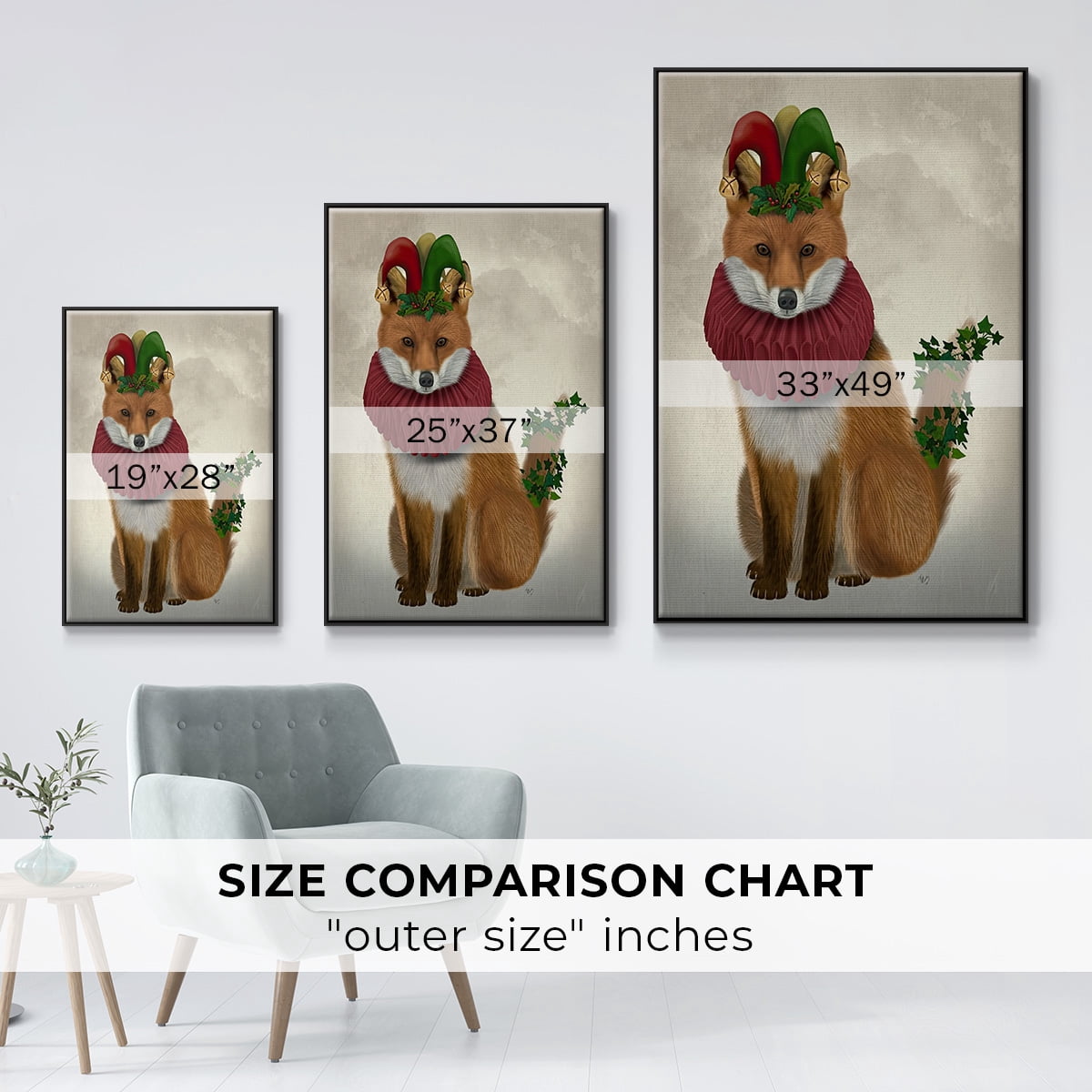 Christmas Holly and Ivy Fox - Framed Gallery Wrapped Holiday Canvas - 27 x 41 - Black Frame