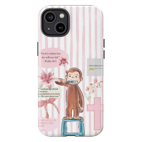 Curious Monkey Inspirational Phone Case, Pink Stripe Bible Verse & Cross Cover for iPhone 17 16 15 14 13 12 11 Pro Plus Mini
