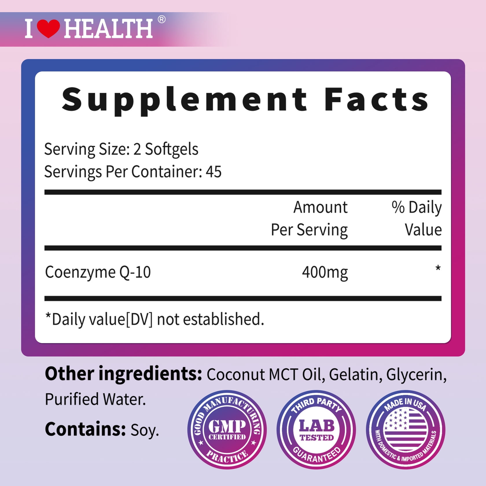 2 Pack CoQ10 400mg Supplements, Supports Cardiovascular Health & Antioxidant，180 Softgels，Made in USA
