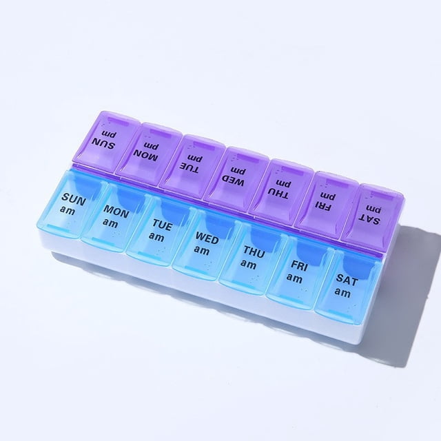 Double-row 14-compartment pillbox, portable, large capacity, easy to dispense and store medicines, large size with English lettering.