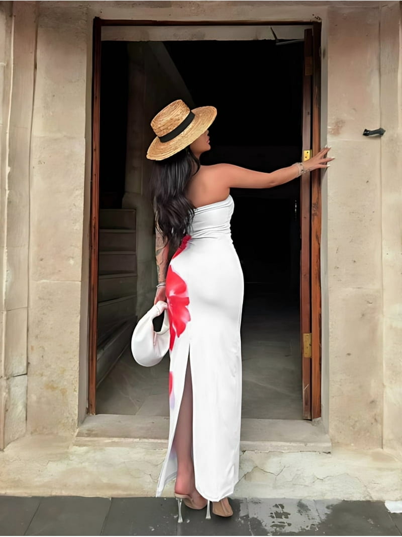 Floral Bodycon Dress for Women 2025 Summer Strapless Tube Casual Formal  Cocktail Long Dress with Scarf Rose Red L - Walmart.com