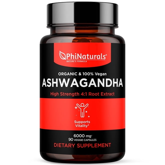 Organic Ashwagandha Root Extract in Vegan Capsules - PhiNaturals, Equal to 6000 mg Root, Ashwaganda Supplement For Men and Women with 1500 mg Per Serving 30 Servings, 500mg Per Vegan Capsule 90 Count