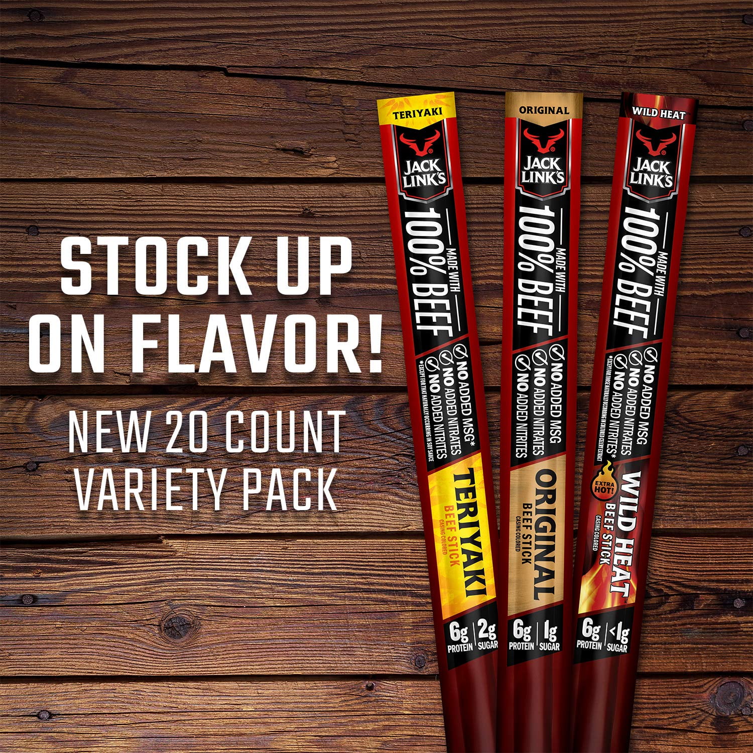 Jack Link's Beef Sticks, Original – Protein Snack, Meat Stick with 6g of Protein, Made with 100% Beef, No Added MSG** – 0.92 Oz. (20 Count)