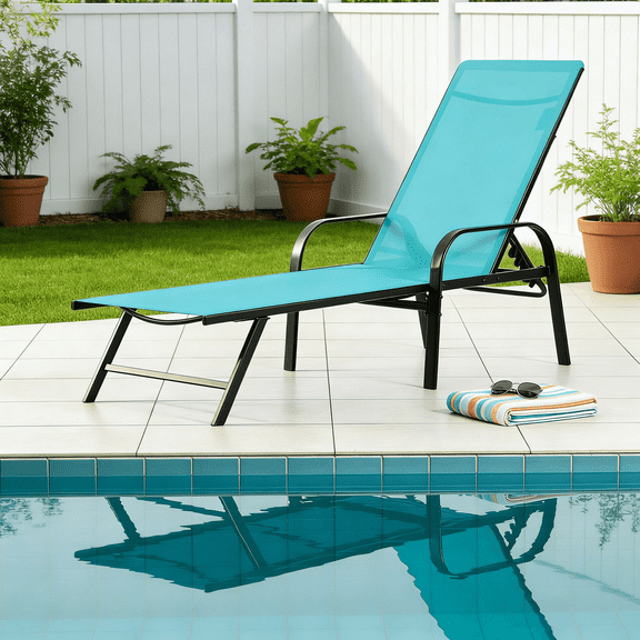 Betcozy Folding Camping Cot, Adjustable Reclining Lounge Chair with Pillow for Patio Lawn, Beach, Supports 250LBs, Blue