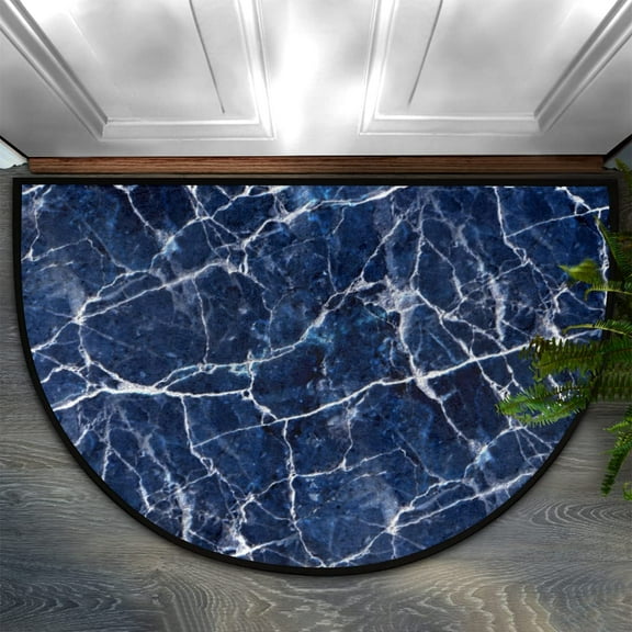 Blue Marble Texture Print Half Round Door Mat Bath Mat Half Circle Area Rug Indoor Outdoor Doormat Non Slip Bathroom Rugs Entrance Floor Mats Home Decor Rug for Kitchen 17x30 Inch