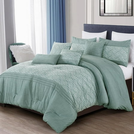 ESCA 7-Piece Brenda Teal White Embroidery Pintuck Comforter Bedding Set - OEKO-TEX Standard 100, Breathable, All Season, Soft & Lightweight - King/Cal King Size