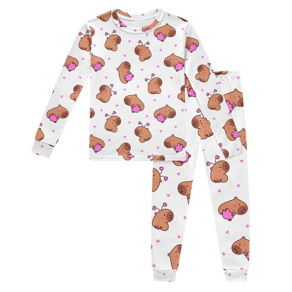 WOYY Sleepwear Set for Girls Outfits Capybara Print Long Sleeved Top Pants Comfy Loungewear, Sizes 2-3T