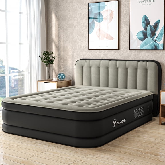 Uforic 18 Inch Queen Air Mattress with Built-in Pump, Flocked Top Inflatable Bed with Banded Headboard, Blow-Up Mattress for Home, Camping and Guests, Black