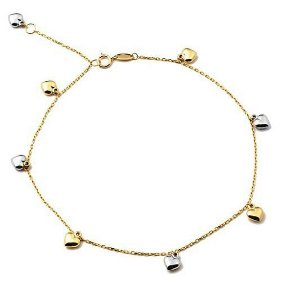 LoveBling 10K Yellow Gold .5mm Rolo Chain with Two Toned Puffy Heart Charms Anklet Adjustable 9" to 10" (#47)