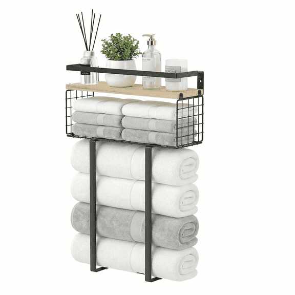 Efoee Wall Mounted Towel Rack for Bathroom,Towel Holder Bar for Rolled & Folded Large Towels,Metal Bathroom Wall Towel Storage with Wooden Shelf,Black
