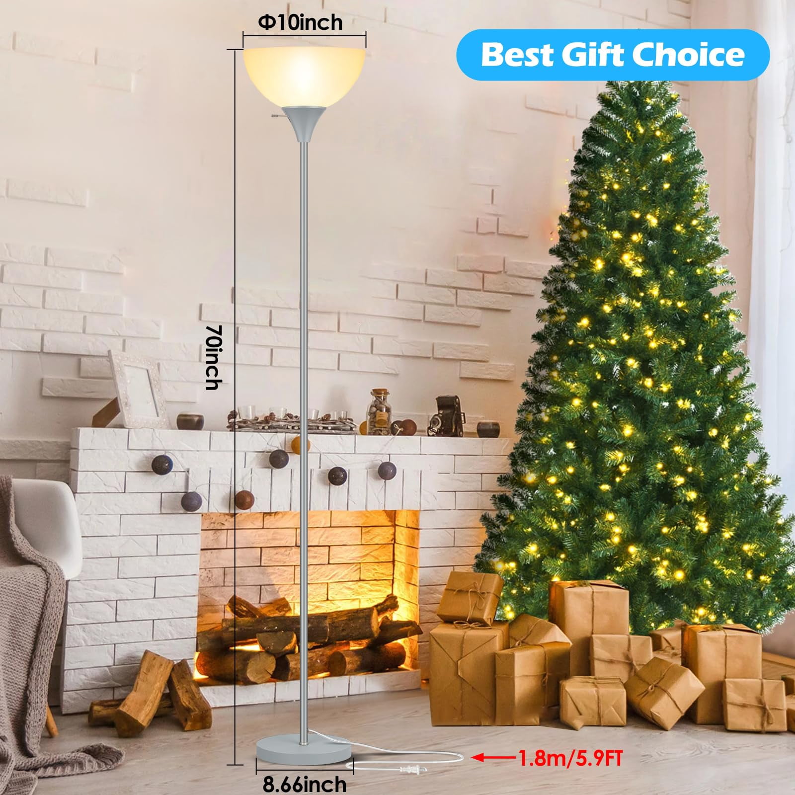 Silver Grey Floor Lamp with White Plastic Shade, Corner Light for Living Room Bedroom
