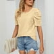thumbnail image 2 of Bienvenido Blusa de manga corta para mujer, cuello redondo, manga plisada, patrón liso, elegante, versátil, camisa informal de verano, amarillo, M, 2 of 8