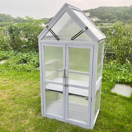 TONZE Mini Greenhouse, Outdoor Small Green House, Metal & Wood, Plant Stand for Indoor Garden & Patio Balcony Apartments Porch Terrace Outsid Accessories, Gray