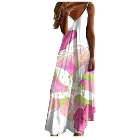 Mnyotv Women Spring Dresses 2024 Women Summer Sexy V Neck Suspender Long Dress Fashionable Flower Printed Vacation Beach Dress Hot Pink L