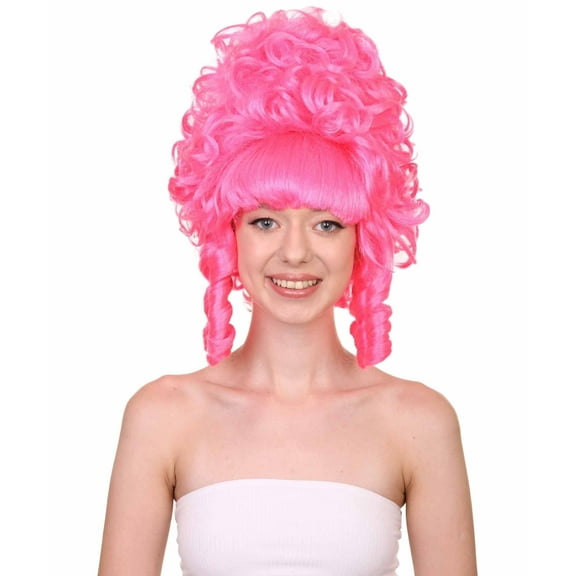 HPO Adult Womens French Colonial Marie Antoinette Wig, Neon Pink Historical Cosplay Wigs, Synthetic Fiber