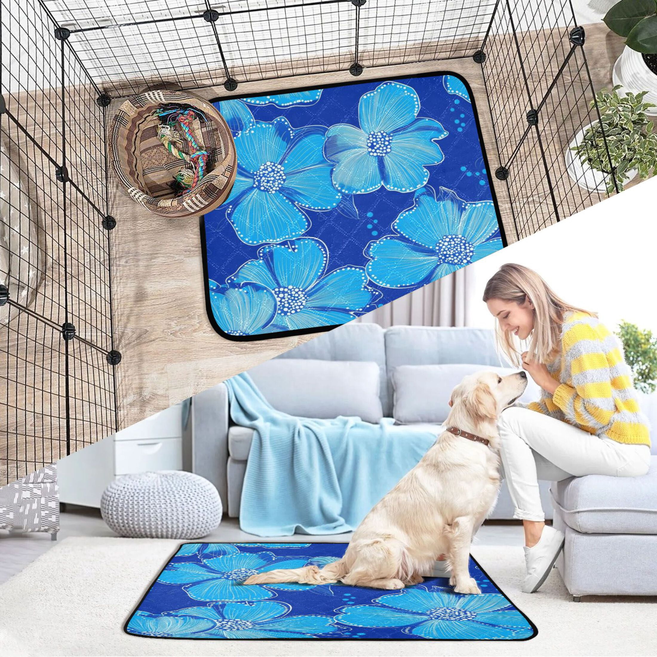 Washable Pet Pee Pads with Super Absorbent Reusable Training Pads for Dogs & Cats Blue Flowers Small Dot Design