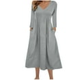 thumbnail image 3 of Kaemgyyd Dresses for Women Fall Cotton Linen Solid V Neck Dress Loose Casual Long Sleeve Flowy Midi Dress with Pockets, 3 of 7
