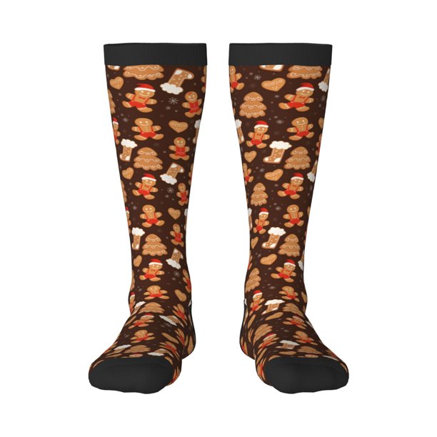 Fotbe Christmas Gingerbread Cookies Calcetas Divertidas Estampadas para Hombre y Mujer, Calcetas de Algodón hasta la Rodilla para Caminar, Correr, Enfermería y Embarazo