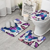 Purple Butterfly Rose Pattern Bathroom Rugs Sets 3 Piece,Toilet Cover Set,Absorbent Non Slip Bathroom Mats Sets with U-Shaped Contour Rug Toilet Rug Set