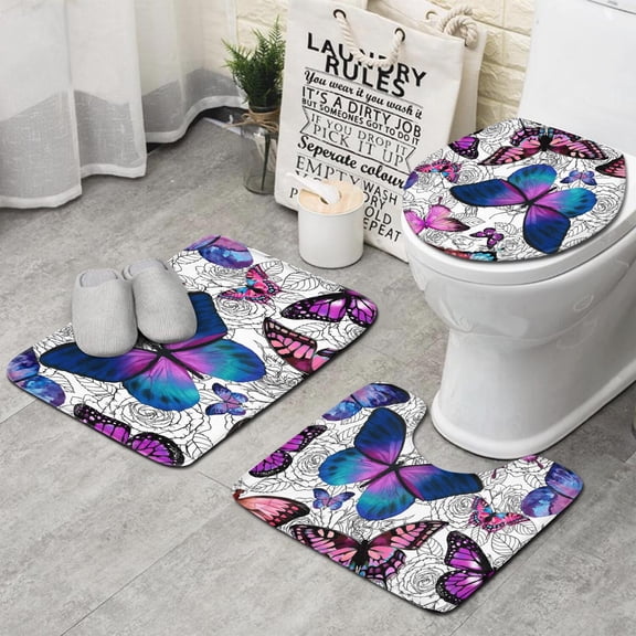 Purple Butterfly Rose Pattern Bathroom Rugs Sets 3 Piece,Toilet Cover Set,Absorbent Non Slip Bathroom Mats Sets with U-Shaped Contour Rug Toilet Rug Set