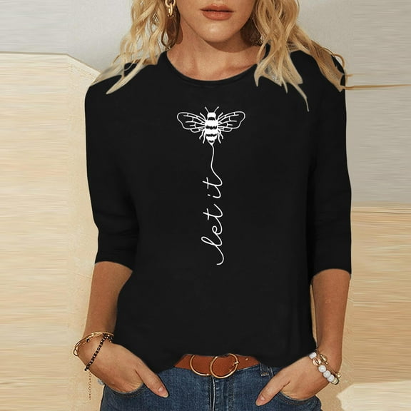 Dolkfu 3/4 Sleeve Women's Tops World Bee Day Graphic Crew Neck Casual Loose Fit T-Shirt Tunics for Women L