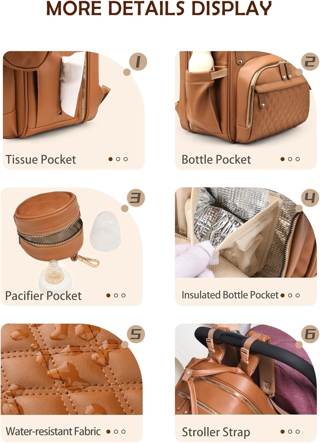 Diaper Bag Backpack with Changing Station, Newborn Essentials Must Haves, Water-Resistant Vegan Leather Diaper Backpack, Large Capacity Baby Travel Bag with Stroller Straps, Unisex Brown