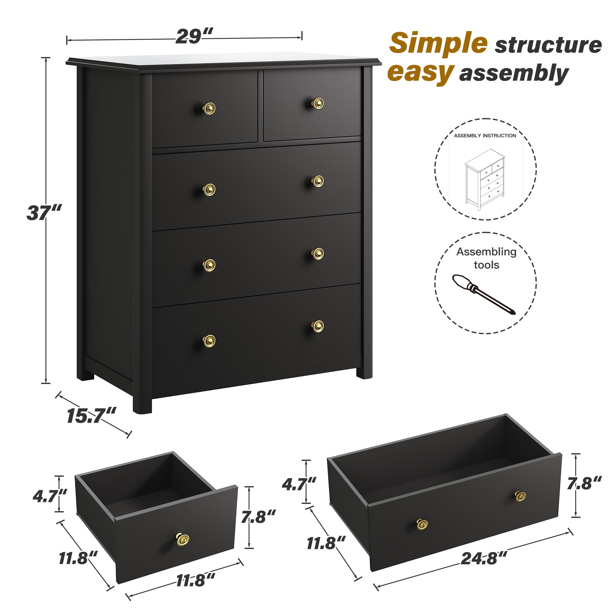 5-Drawer Wood Dresser for Bedroom,Tall Chest of Drawers Storage Cabinet for Living Room,Hallway, Office,Black