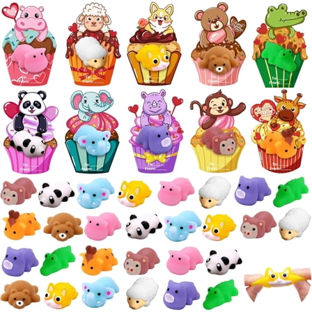 30 Pack Valentines Mochi Squishies Toys with Valentine Cards for Kids Mini Animal Squishy Stress Relief Toy Valentine's Day Toys for Valentines Party Favors School Classroom Exchange
