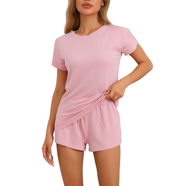 INSPIRAR CHIC Pijamas de Mujer con Mangas Cortas y Pantalones Cortos de Cintura Elástica Conjuntos de Ropa de Lounge Casual XL Rosa