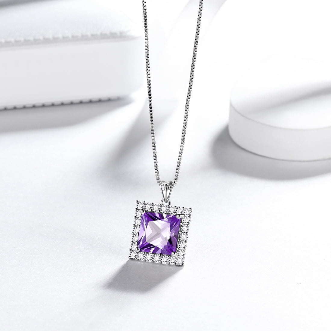 6 Carat February Birthstone Necklace Amethyst Pendant Princess Cut Purple 925 Sterling Silver Jewelry Women Mom Birthday Valentine's Day Gifts Juwaliy