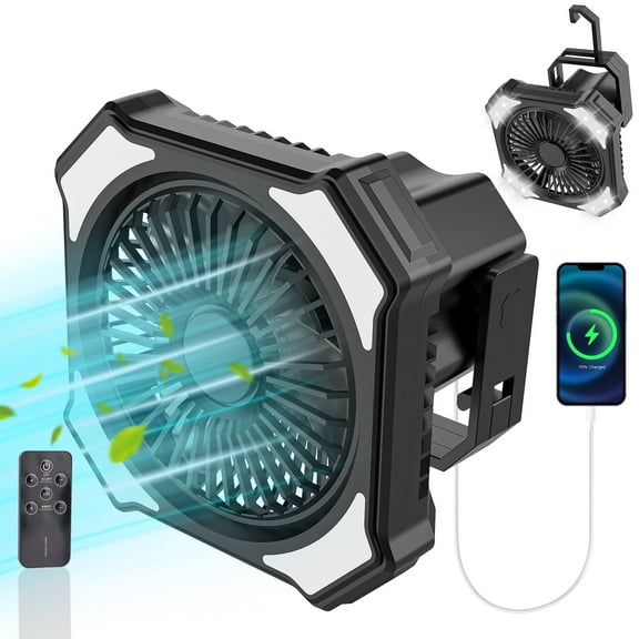 SHANLIDA Three in One LED Camping Light, Portable Tent Fan with Remote Control, Outdoor Picnic Fan 5000mAh Rechargeable Portable Power Bank (Black)