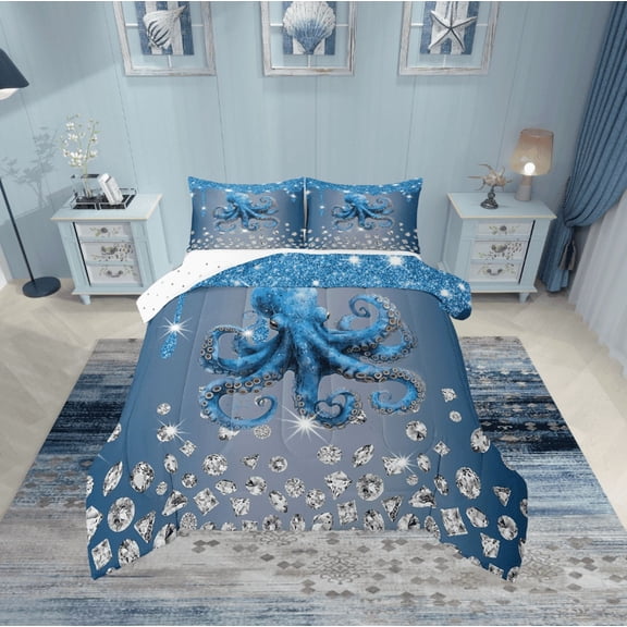 Erosebridal Marine Octopus Bedding Sets Twin with Comforter, Ocean Sealife Duvet Insert, Bling Diamond Reversible Down Comforter, Super Cozy Room Decor, 2 Pieces