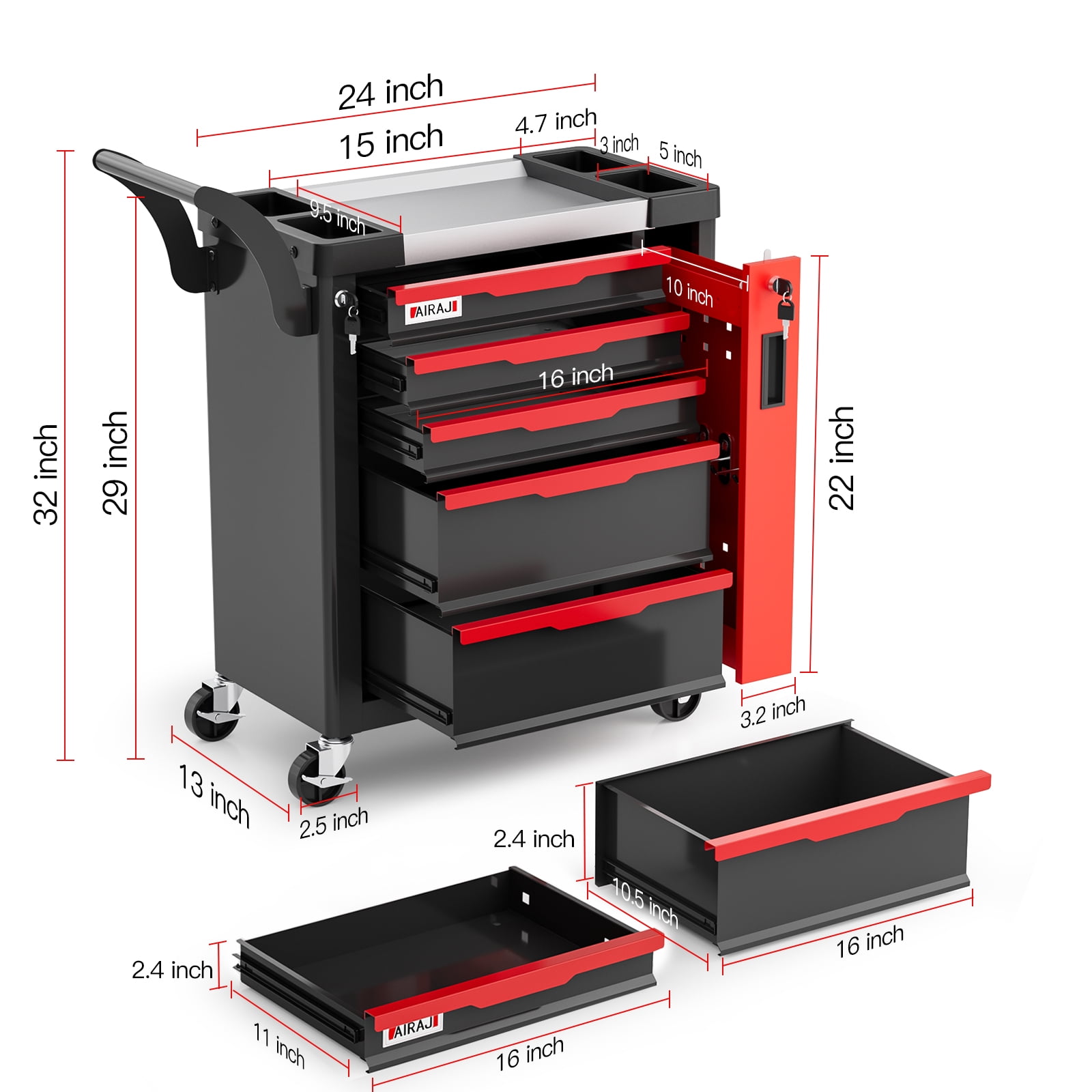 5-Drawer Rolling Tool Chest with Lock, Large Mobile Tool Cart & Cabinet for Garage Workshop Storage,Tool Box Red