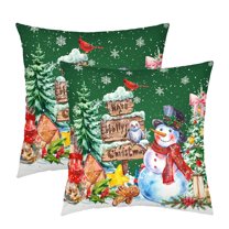 ABSOP Christmas Pillow Covers 18x18 Inch Set of 2 Snowman Xmas Trees Snowflake Bird Decorative Green Pillow Cases Winter Holiday Home Decor for Sofa Couch Porch Outdoor