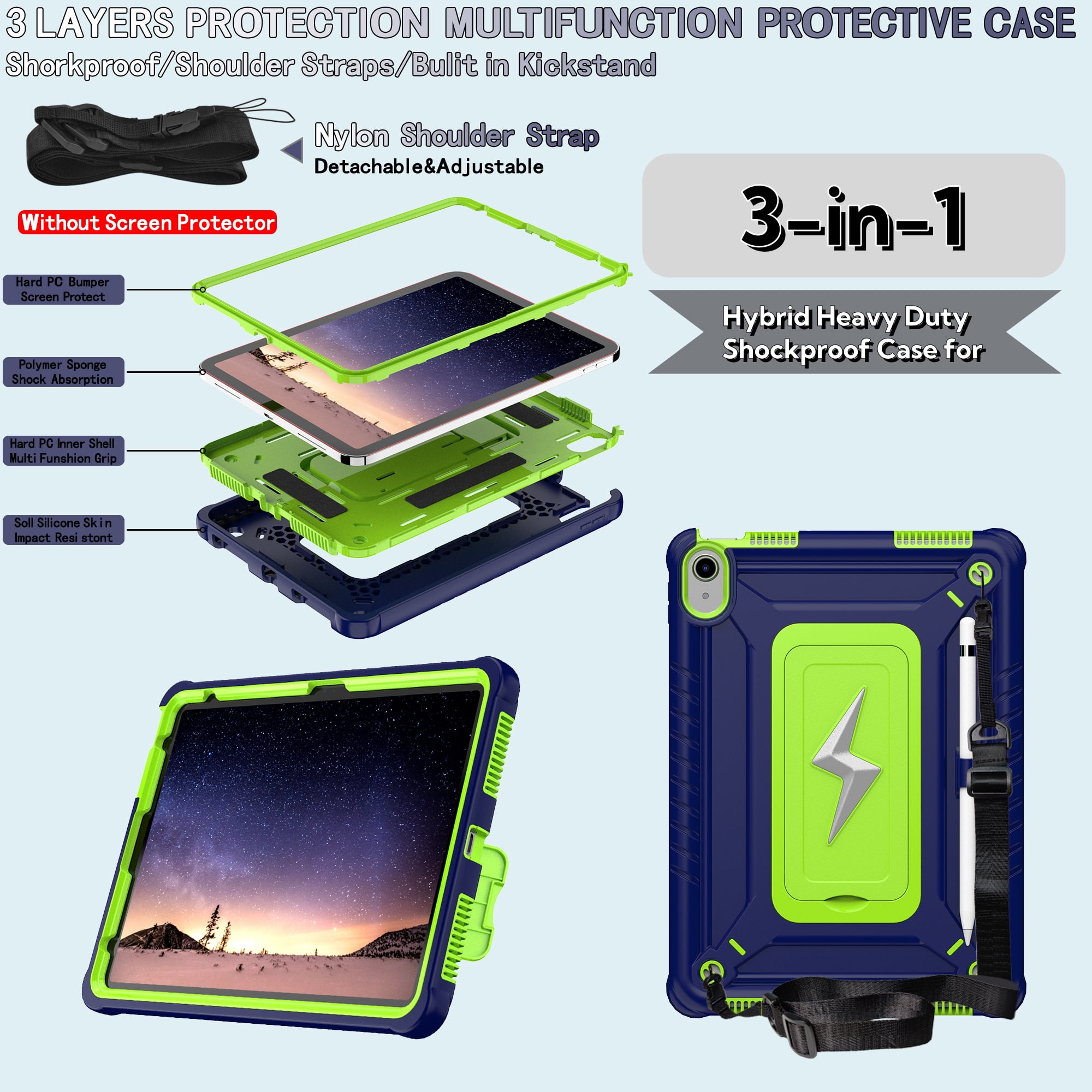 Allytechgroup Heavy Duty Shockproof Case for Apple iPad Air 2019 3rd Gen 10.5"/ iPad Pro 10.5" 2017, Tablet Case with Multi Angle Kickstand, Pencil Holder, Strap Kids Friendly Cover,Navyblueolivine