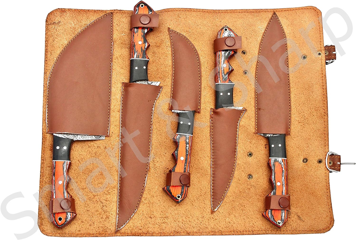 Smart & Sharp Custom Handmade Damascus Chef Knives Set/Kitchen Knives 5 Pieces Set 17211 (Orange)