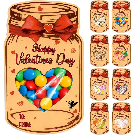 50 Pack Mason Jar Valentine Cards for Kids - with Heart Window & Treat Bags, DIY Classroom Exchange Cards for School Party Favors (No Candy)-dh