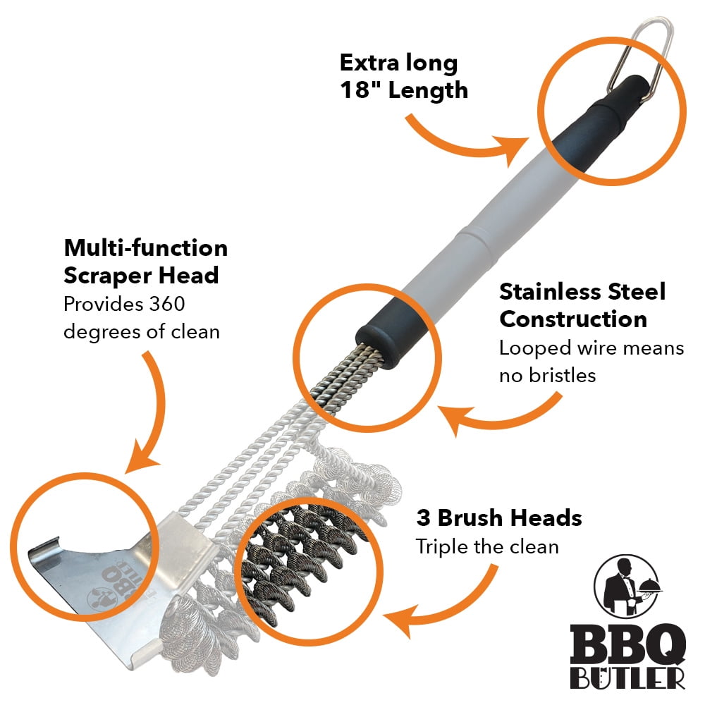 BBQ Butler Bristle Free Grill Brush - 360 Degree Grate Scraper - Stainless Steel