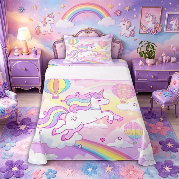 Metsweet Magical Horse Twin Sheets 3pcs, Cute Unicorn Rainbow Hot Air Balloon Bedding,1 Fitted Sheet, 1 Flat Sheet and 1 Pillowcase