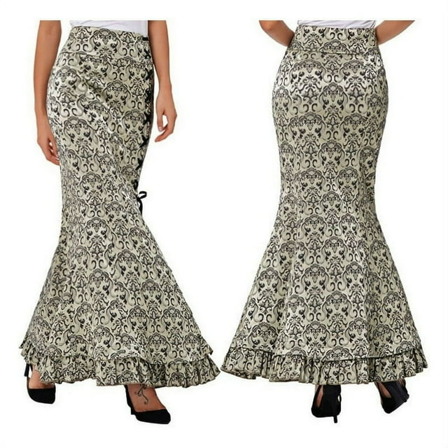 Women‘s Retro Lace-Up Drawstring Tiered Ruffle Maxi Long Mermaid Pencil Skirt