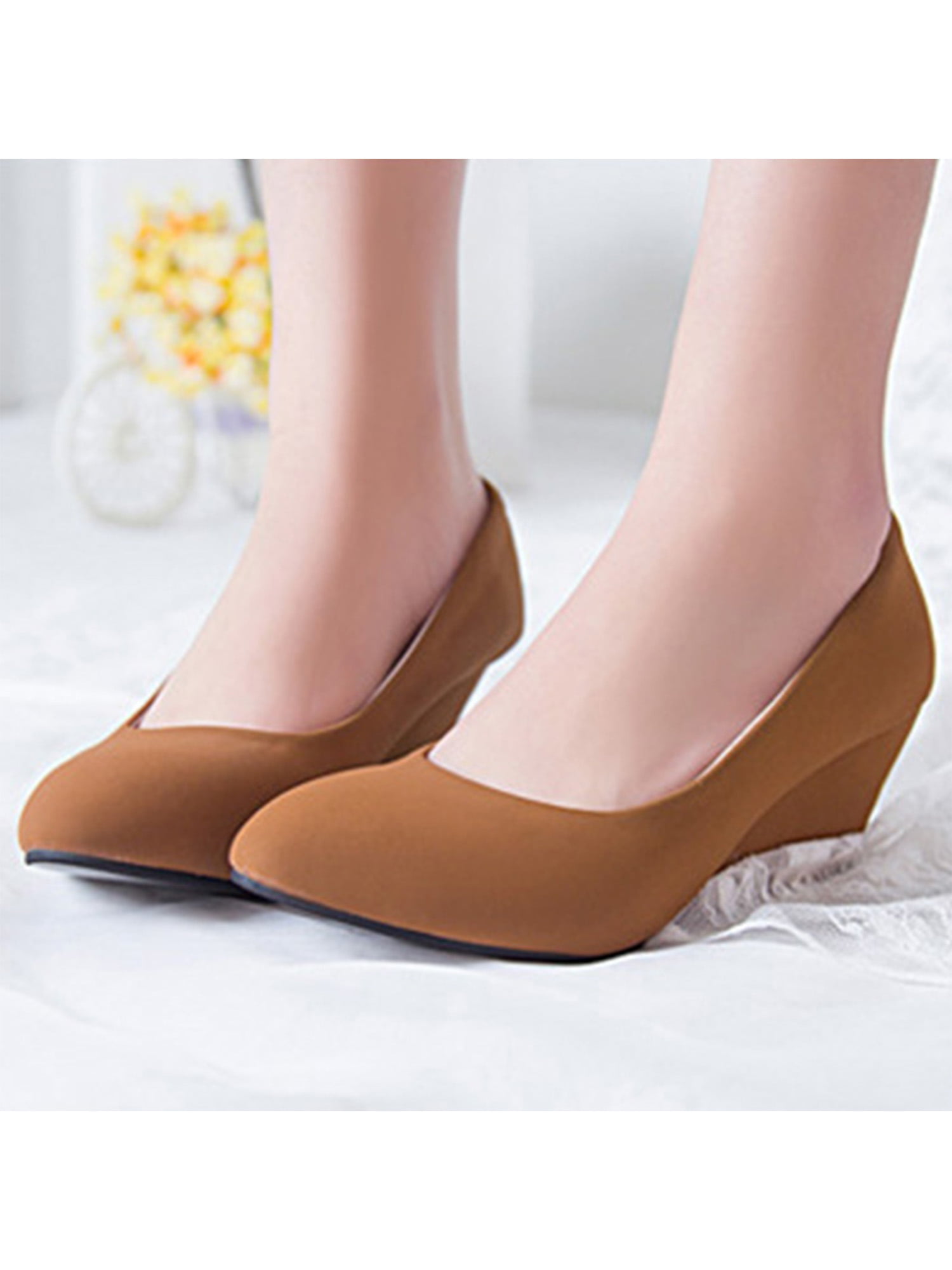 Women's High Wedge Heel Shoes Faux Leather Slip On Round Toe Work Office Pumps L 