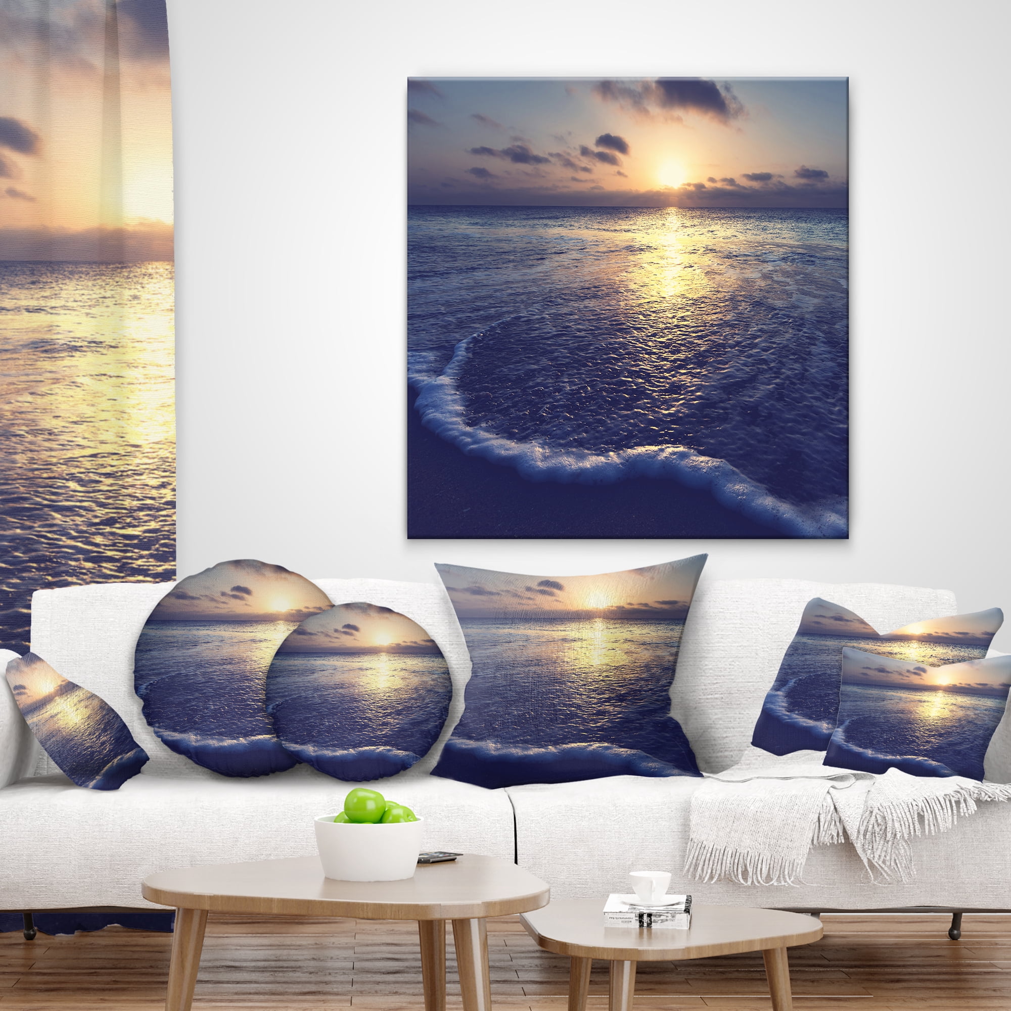 Designart Tranquil Blue Beach At Sunset - Seascape Throw Pillow - 12x20
